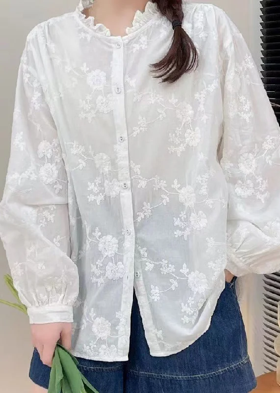 French White Embroidered Button Cotton Shirt Long Sleeve Dynamic Women's High - energy