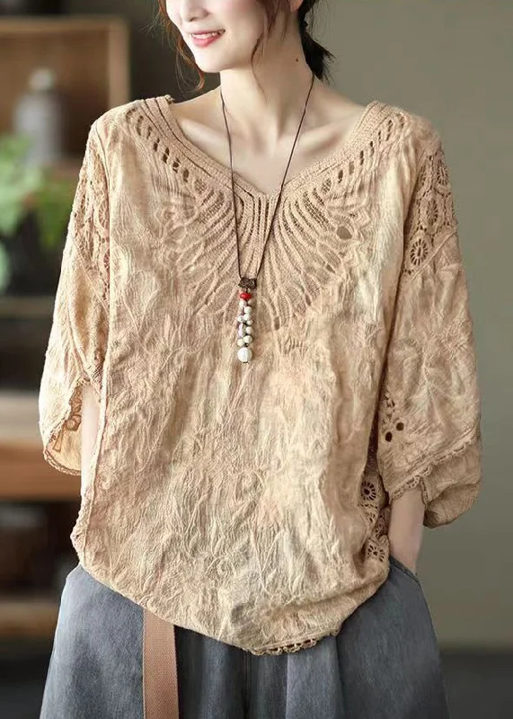 Khaki Cotton T Shirt Tops V Neck Embroideried Batwing Sleeve purpose