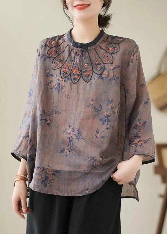 Vintage Dark Purple Embroidered Print Linen Tops Spring Preppy Women's College