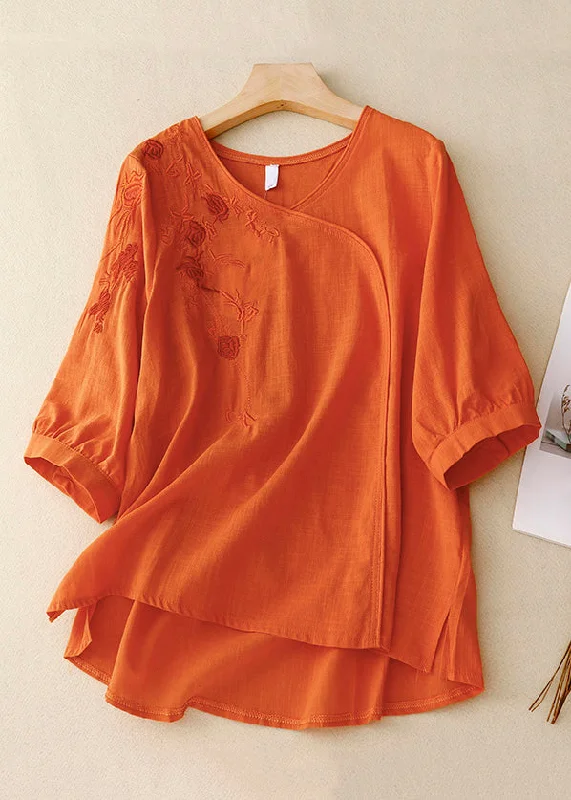 Orange Button Side Open Linen Shirt V Neck Spring French