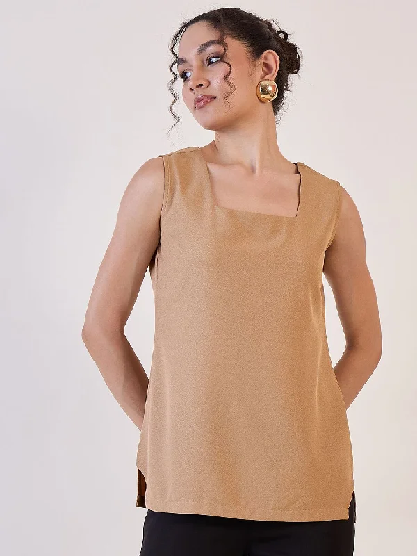 Beige Square Neck Basic Top Vacation