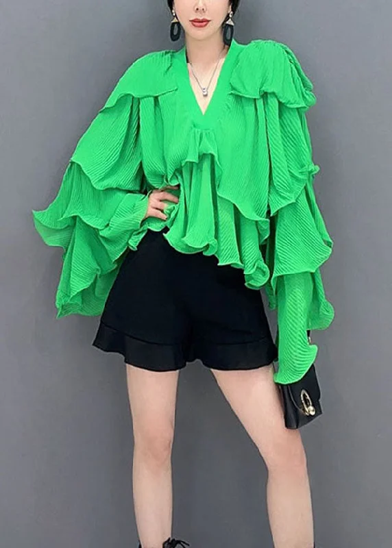Fashion Green Asymmetrical Ruffled Patchwork Chiffon Tops Spring purpose