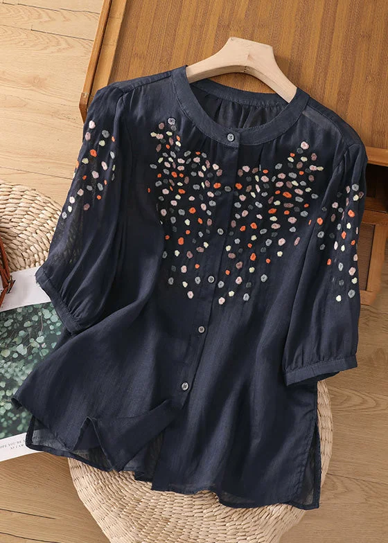 Handmade Navy Embroideried Button Linen Shirt Spring Preppy Women's College