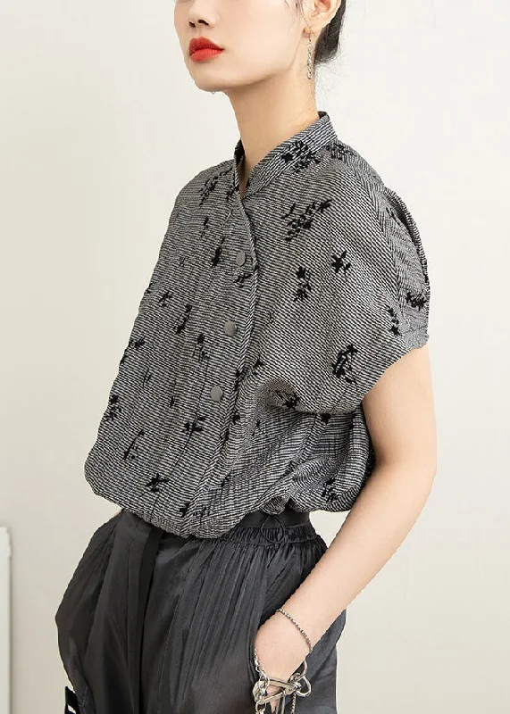 New Grey Stand Collar Button Print Cotton T Shirt Half Sleeve Women