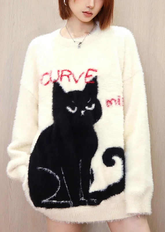 Apricot Cat Mink Hair Knitted Pullover O Neck Plus Size Spring Relaxed Women's Beachy