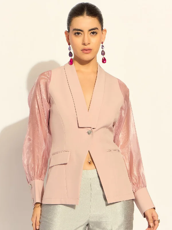Pink Puffed-Sleeves Split Joint Lapel Top In Stretchable Fabric Modern Women's 