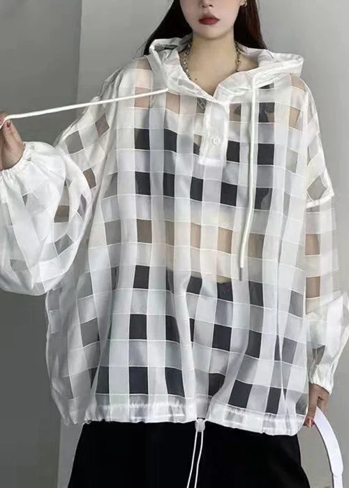 White Drawstring Patchwork Tulle Tulle Top Hooded Summer Sophisticated Women's Tailored