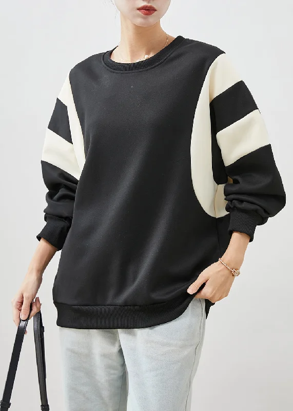 Fashion Black Oversized Patchwork Cotton Sweatshirt Spring Sharp Women's Italian