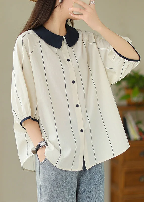 Loose Navy Peter Pan Collar Striped Cotton Shirts Summer Casual Women's Loose - fitting Loose Navy Peter Pan Collar Striped Cotton Shirts Summer Casual Women's Loose - fitting