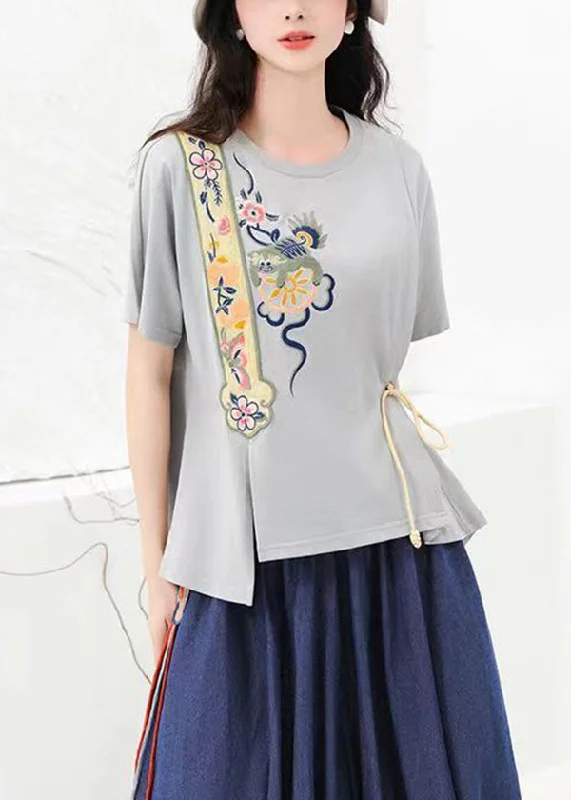 Grey Original Design Cotton T Shirt O Neck Embroideried Summer Relaxed Women's 