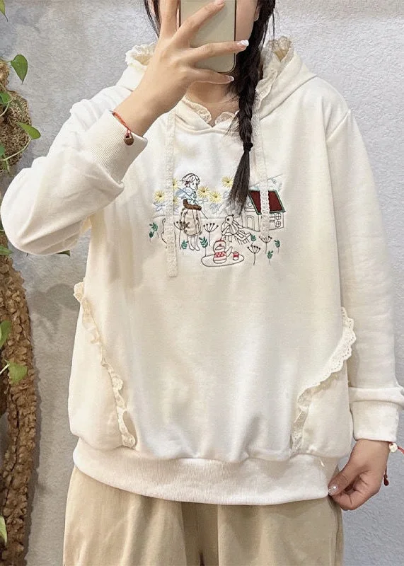 Loose Beige Hooded Embroidered Cotton Sweatshirts Spring Vintage Women's 1970S 
