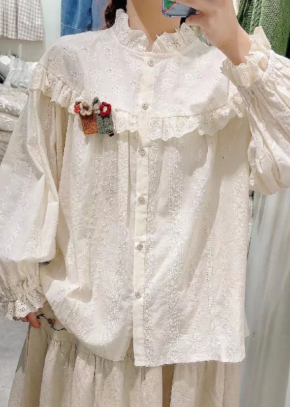 Women Beige Embroidered Hollow Out Cotton Blouse Spring Street