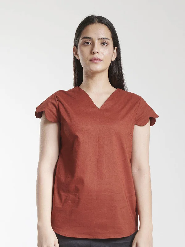 V Neck Scalloped Detailed Cotton Top - Brick Red Country