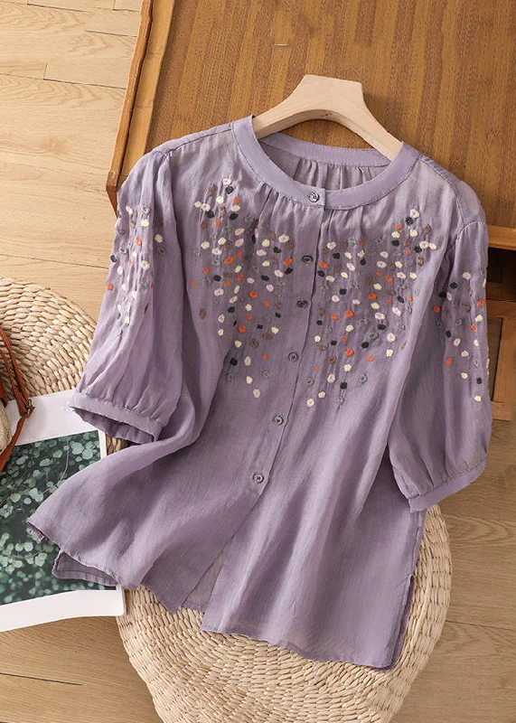 New Purple O Neck Embroideried Side Open Linen Blouse Spring Cozy Women's Sherpa - lined