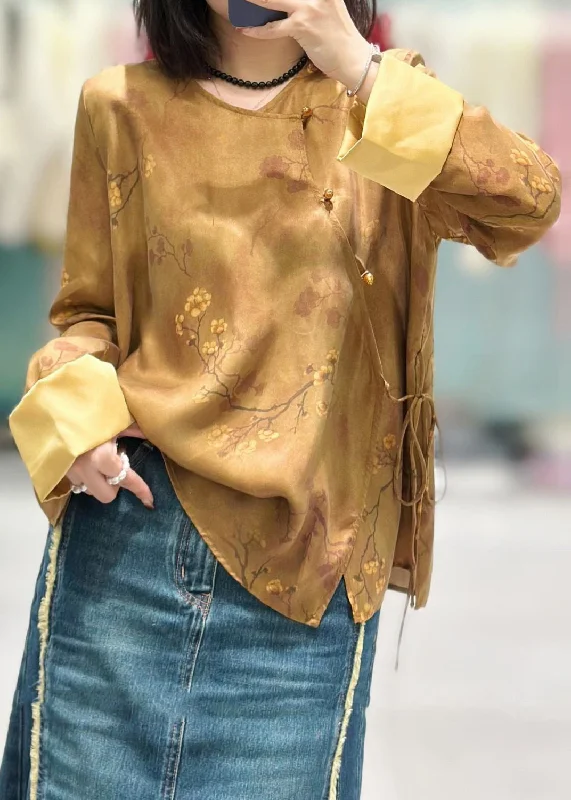 Chinese Style Yellow Button Print Lace Up  Silk Shirt Long Sleeve Relaxed Women's 