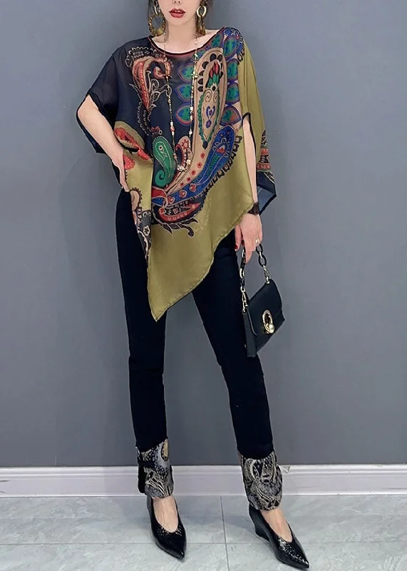 Elegant Colorblock Asymmetrical Print Chiffon Top Batwing Sleeve Refined Women's 