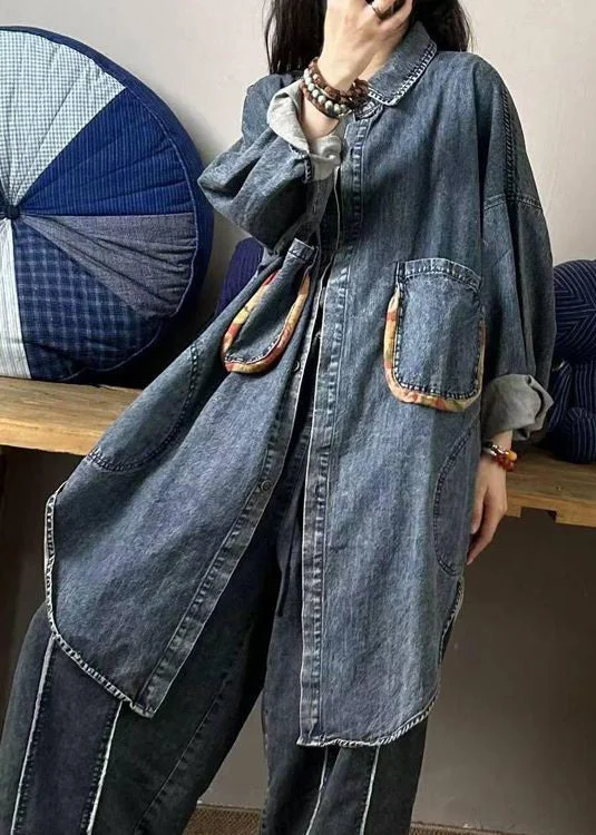 Loose Blue Button Pockets Patchwork Denim Shirts Long Sleeve Modern Women's 