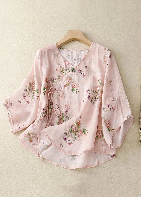 Classy Pink V Neck Lace Up Print Cotton Shirts Spring Refined Women's Hand - crafted
