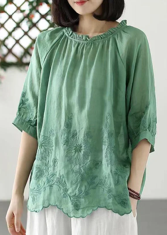 Green Versatile Linen T Shirts Ruffled Embroideried Half Sleeve Monochromatic All - in - one