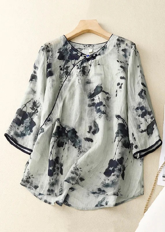 Grey Button Patchwork Cotton Blouses O Neck Bracelet Sleeve Feminine Women's Soft 