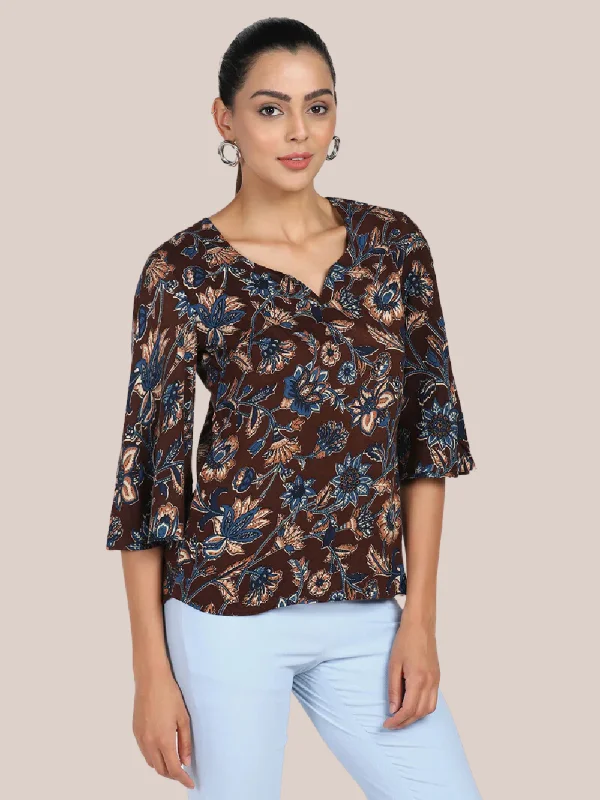 Floral Cotton Top - Brown & Blue Bohemian Women's Free