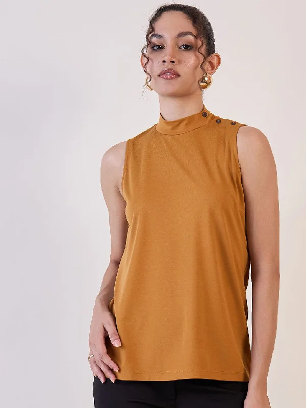 Mustard High Neck Sleeveless Top European