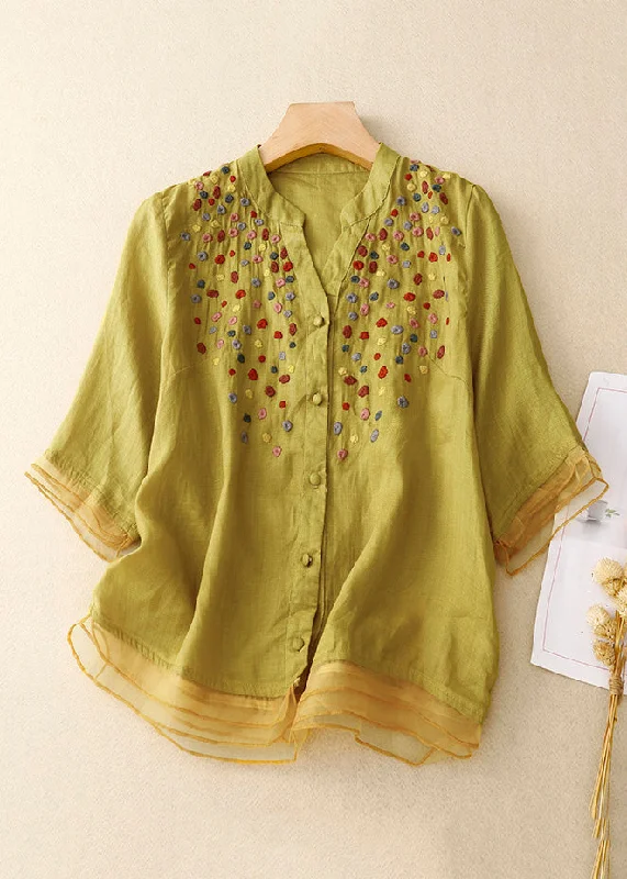 Classy Yellow Embroideried Button Cotton Blouses Spring Vacation