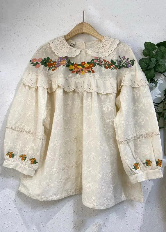 Cute Beige Embroideried Ruffled Patchwork Cotton Shirt Long Sleeve Contemporary 