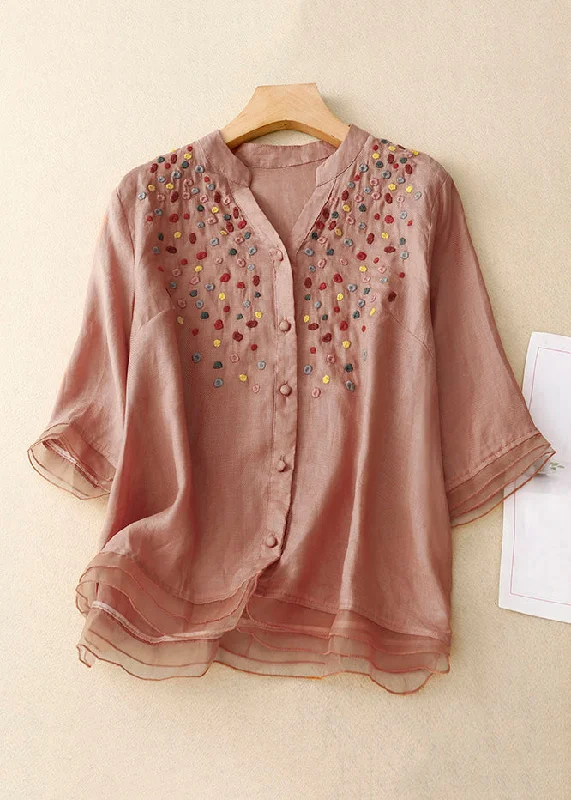 New Pink V Neck Embroideried Button Cotton Top Spring Feminine Women's Style 