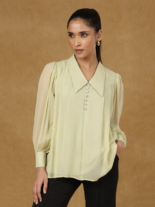 Lime Green Big Collar Top Refined Women's Hand - crafted