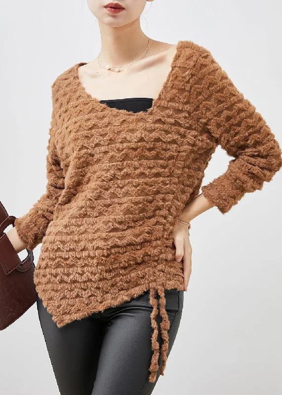 Italian Khaki Cinched Asymmetrical Design Lace Top Spring Stylish Women's Tropical 