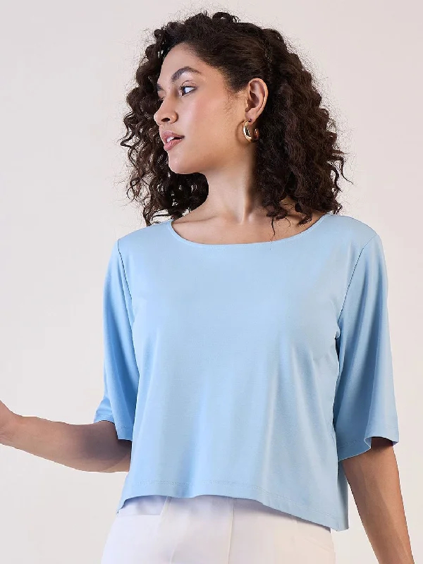 Blue Boat Neck Boxy Fit Crop Top Relaxed Women's 