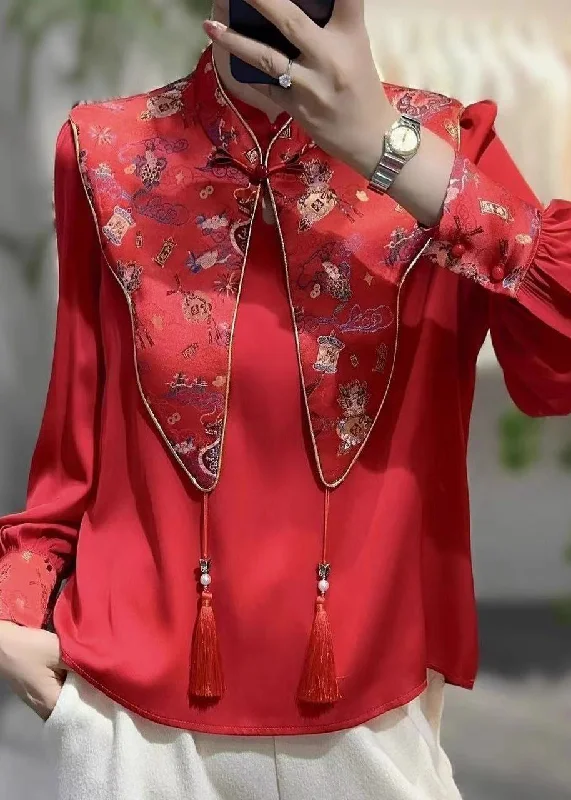 Chinese Style Red Stand Collar False Two Pieces Silk Shirt Top Spring Casual Women's Loose - fitting
