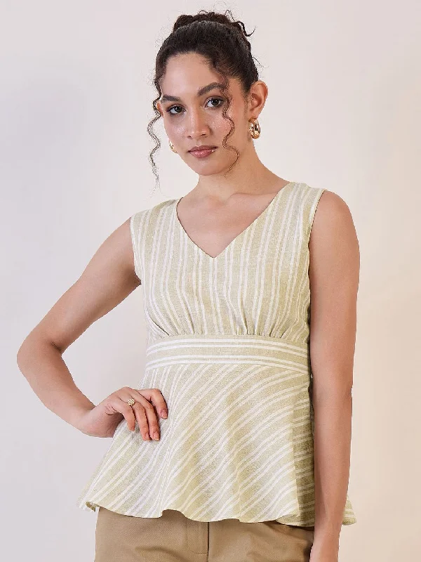 Beige Stripe Sleeveless Peplum Top Sleek Women's 