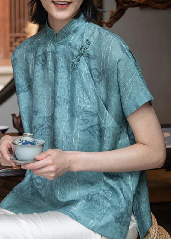 Jacquard Blue Stand Collar Button Silk Shirt Short Sleeve Adventure