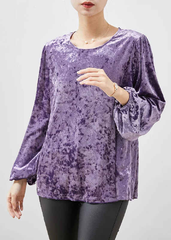 Fine Purple O-Neck Oversized Silk Velour Shirts Spring Scandinavian