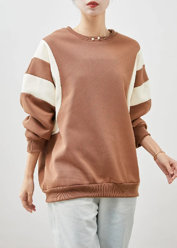Khaki Patchwork Cotton Sweatshirts Top Oversized Spring French