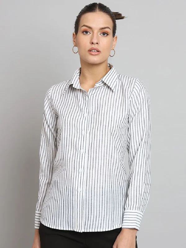 Striped Collared Shirt- White and Grey Trendy Women's Oversized