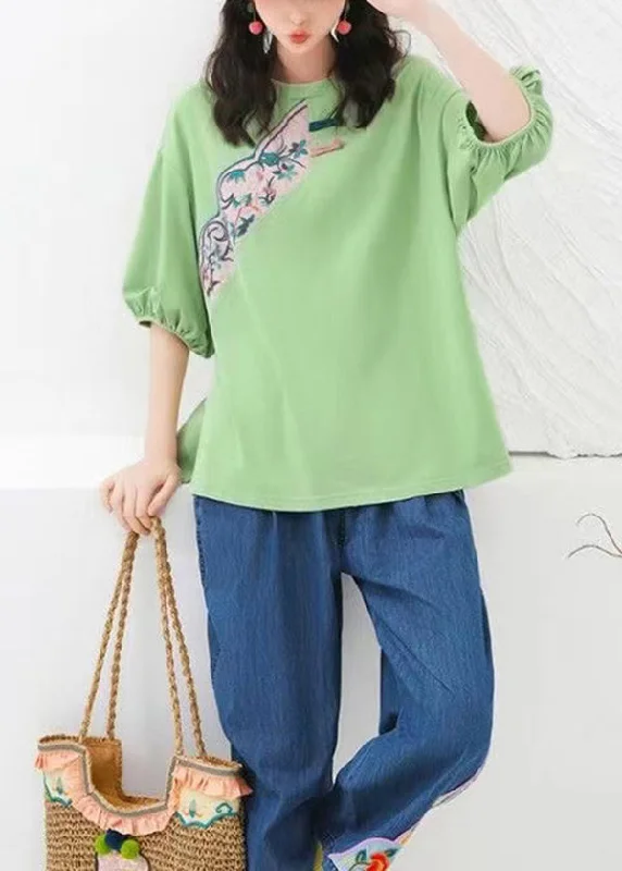 Original Green O-Neck Embroideried Cotton T Shirts Summer Sustainable Organic