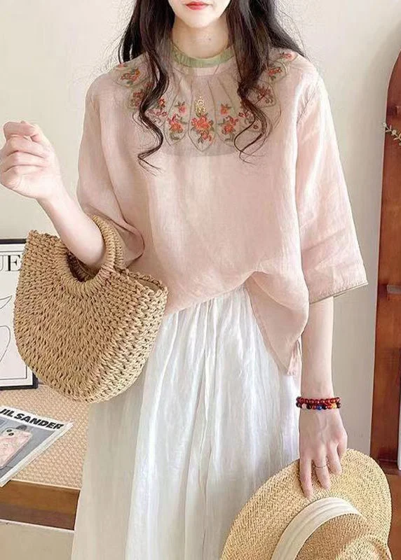 Handmade Pink O Neck Embroideried Cotton Shirt Half Sleeve Dapper Women's 1920S