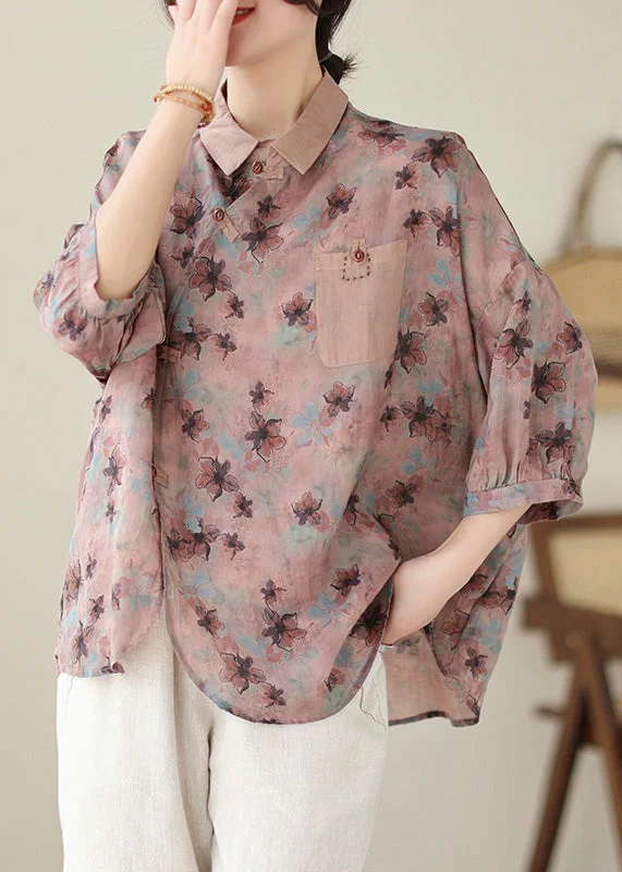 Floral Print Peter Pan Collar Button Cotton Tops Spring Women
