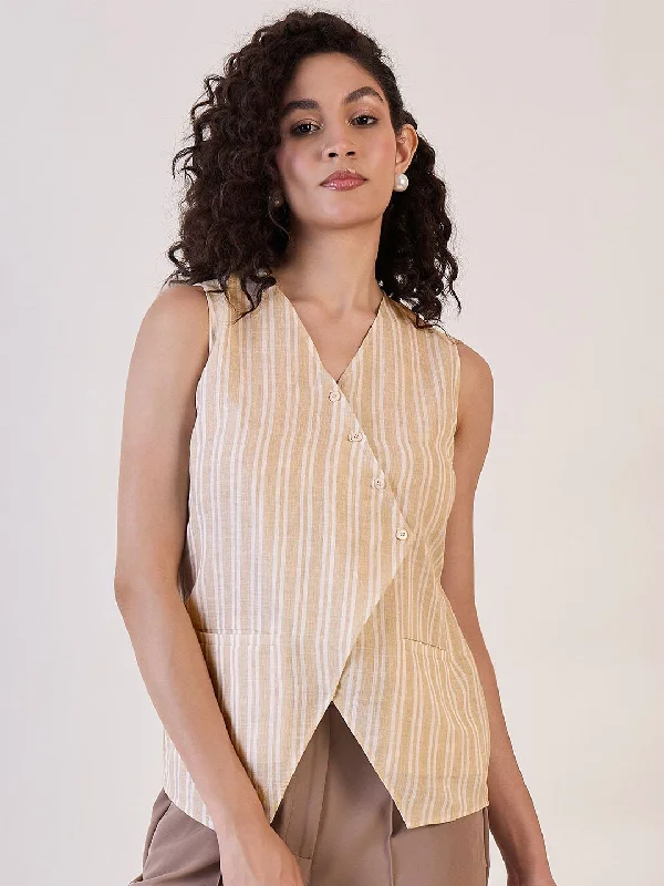 Beige Stripe Sleeveless Vest Top Country
