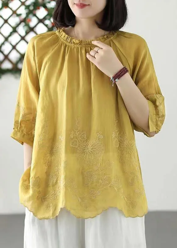 Loose Yellow Ruffled Embroideried Linen T Shirt Top Summer Athletic Women's High - 