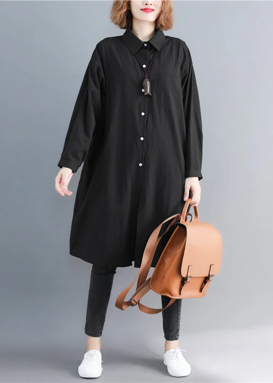 Loose Black Peter Pan Collar Pockets Cotton Mid Shirt Spring Confident Women's High - fashion