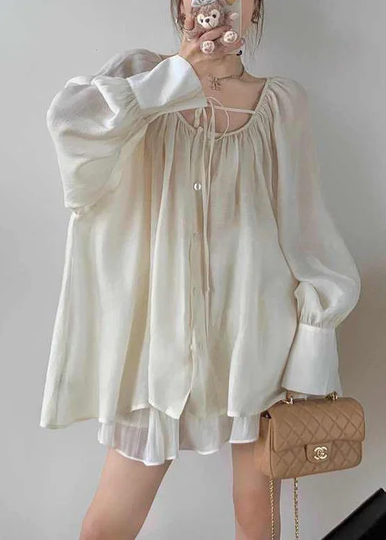 Loose Apricot Lace Up Button Cotton Shirt Long Sleeve Gym