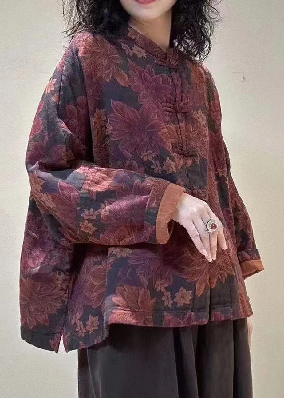Vintage Mulberry Stand Collar Print Chinese Button Linen Blouses Spring Dynamic Women's Moto