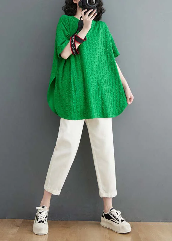 Simple Green O Neck Side Open Cotton T Shirt Tops Summer Polished Women's Silk