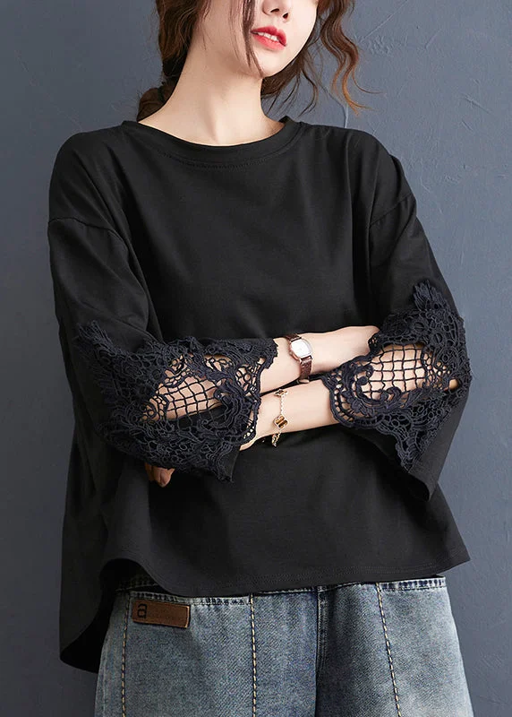 Black Low High Design Cotton T Shirt O Neck Spring Unique Women's Upcycled