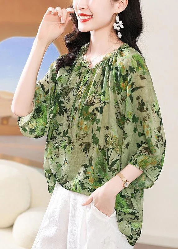 Plus Size Green Ruffled Lace Up Print T Shirt Bracelet Sleeve Dapper Women's 1920S