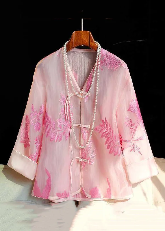 Italian Pink V Neck Embroidered Button Tulle Shirt Spring Sustainable Organic
